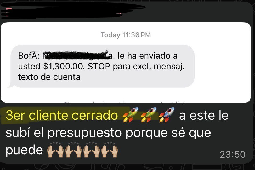 Confirmación de pago por 1,300 dólares de un nuevo cliente